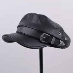 ready to ship fashion Women Captain Sailor Hat Newsboy Cabbie Baker Boy Peaked Beret black PU Leather fiddler hat with buckle
