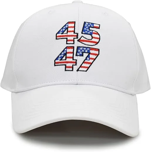 MAPKA American Flag Numbers Baseball Cap, White Cotton, 45 47 Embroidered Design, Adjustable