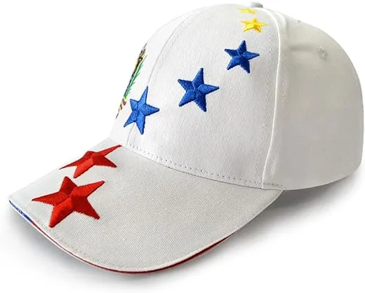 MAPKA Baseball Cap with Embroidered Stars, White, Adjustable, Red Blue Yellow Star Design