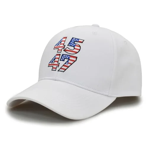 MAPKA American Flag Numbers Baseball Cap, White Cotton, 45 47 Embroidered Design, Adjustable